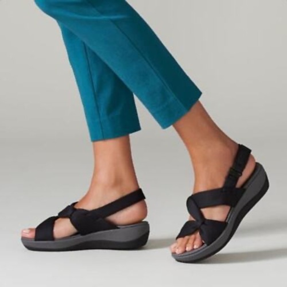 Clarks Cloudsteppers Arla Glitz Black Wedge Sandals Womens 7 M Slingback Strappy